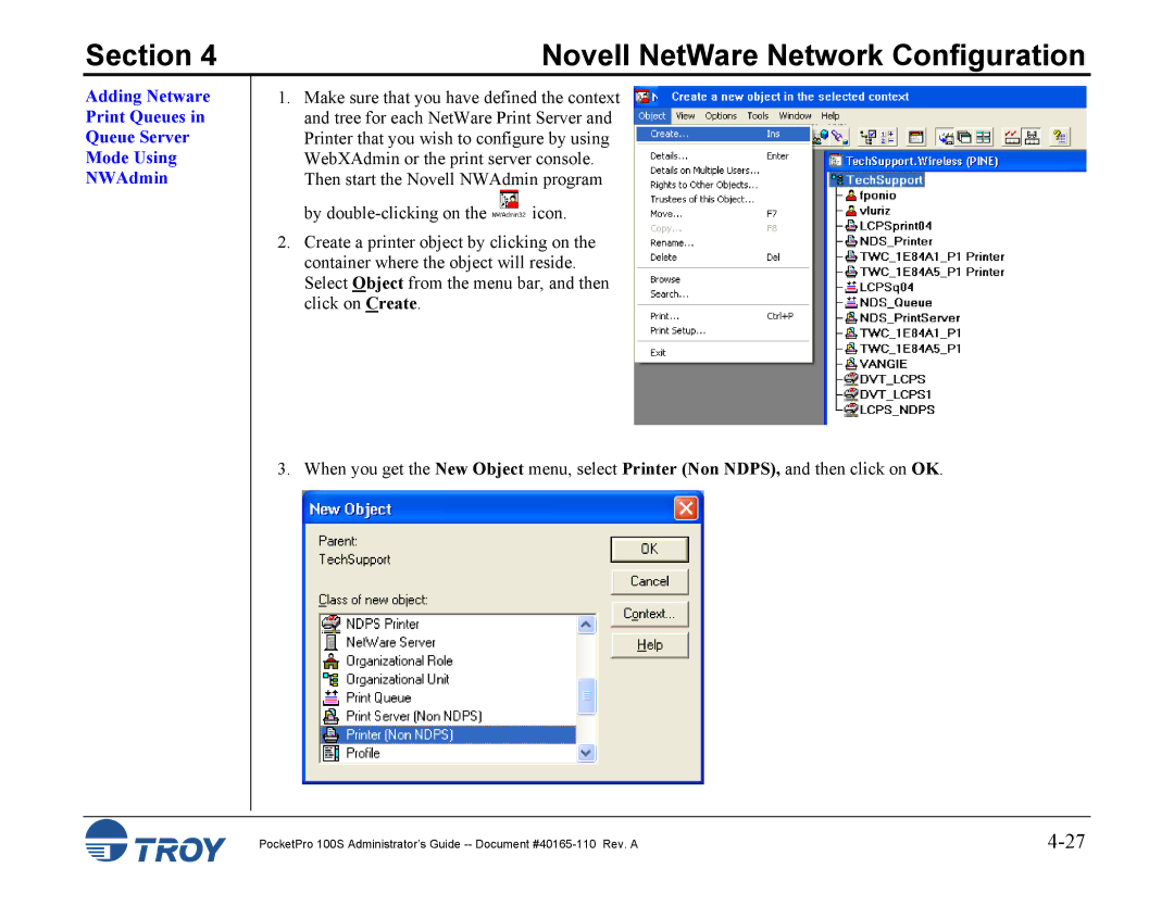 TROY Group 100S manual Adding Netware Print Queues Queue Server Mode Using NWAdmin 