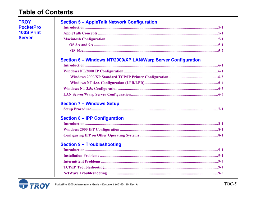 TROY Group manual PocketPro 100S Print Server AppleTalk Network Configuration, Windows Setup, IPP Configuration 