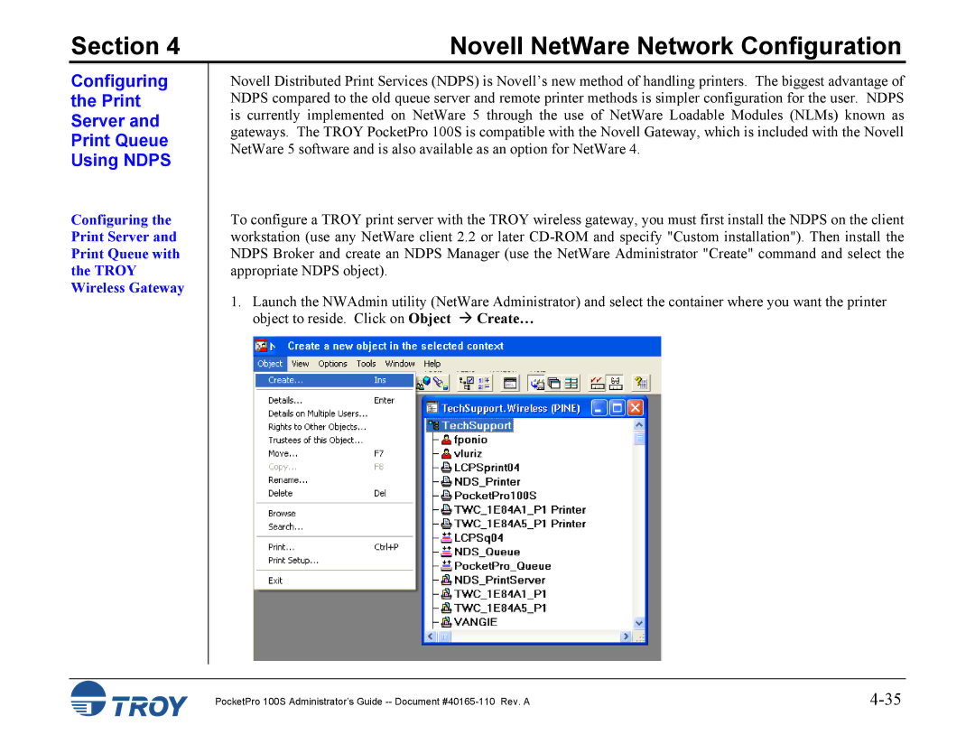 TROY Group 100S manual Configuring Print Server Print Queue Using Ndps, Object to reside. Click on Object Create… 