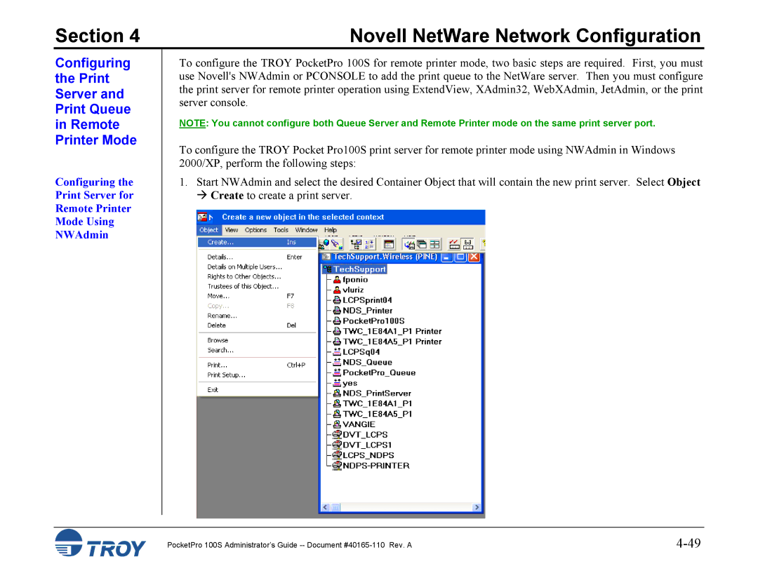 TROY Group 100S manual Configuring Print Server Print Queue Remote Printer Mode 