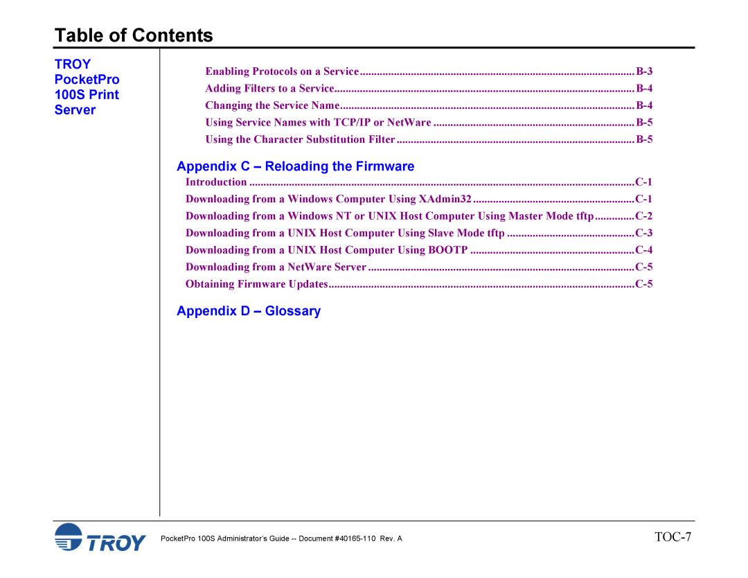 TROY Group 100S manual Appendix C Reloading the Firmware, Appendix D Glossary 