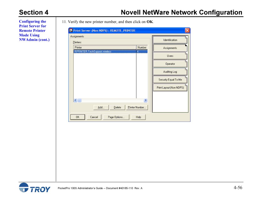 TROY Group 100S manual Verify the new printer number, and then click on OK 