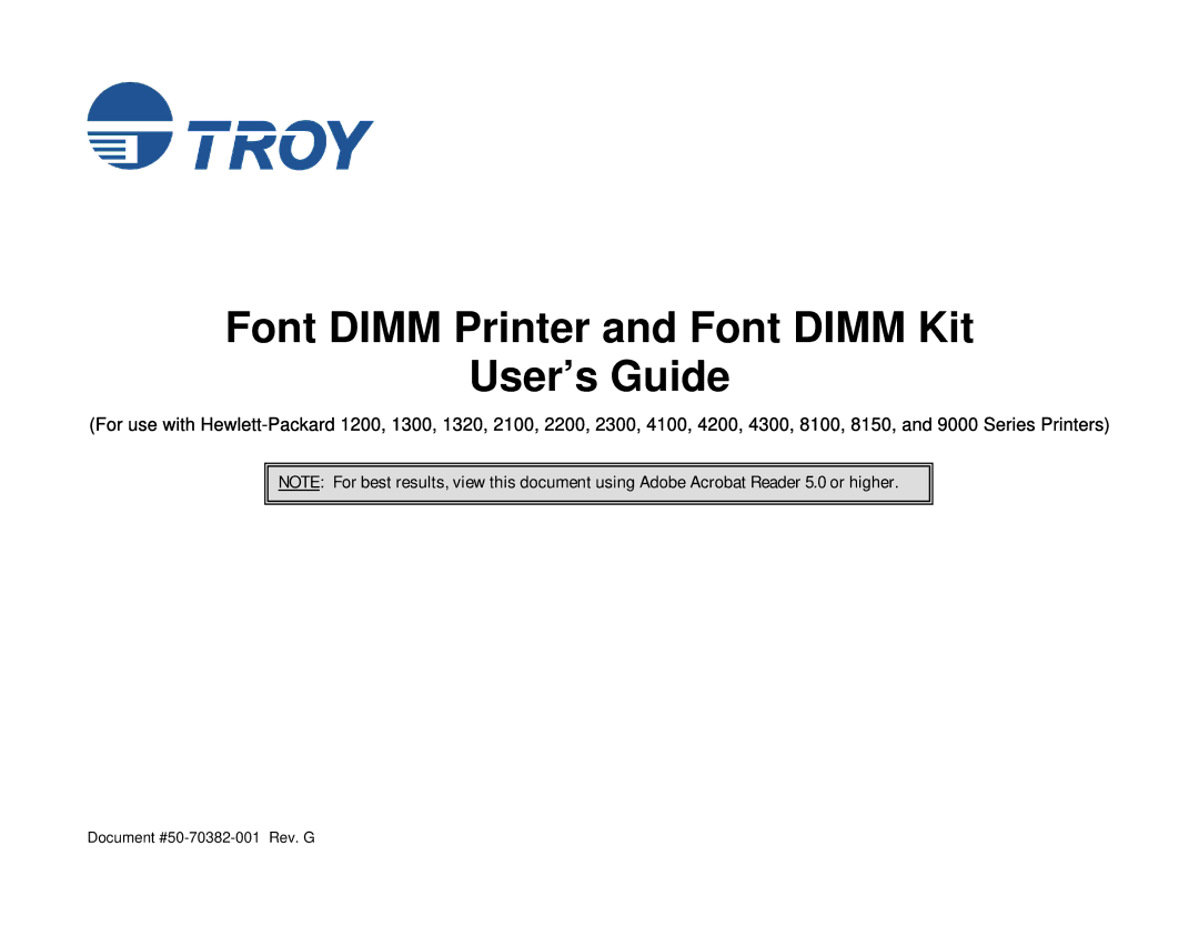 TROY Group 2100, 1320, 2300, and 9000, 8100, 1200, 1300, 2200 manual Font Dimm Printer and Font Dimm Kit User’s Guide 