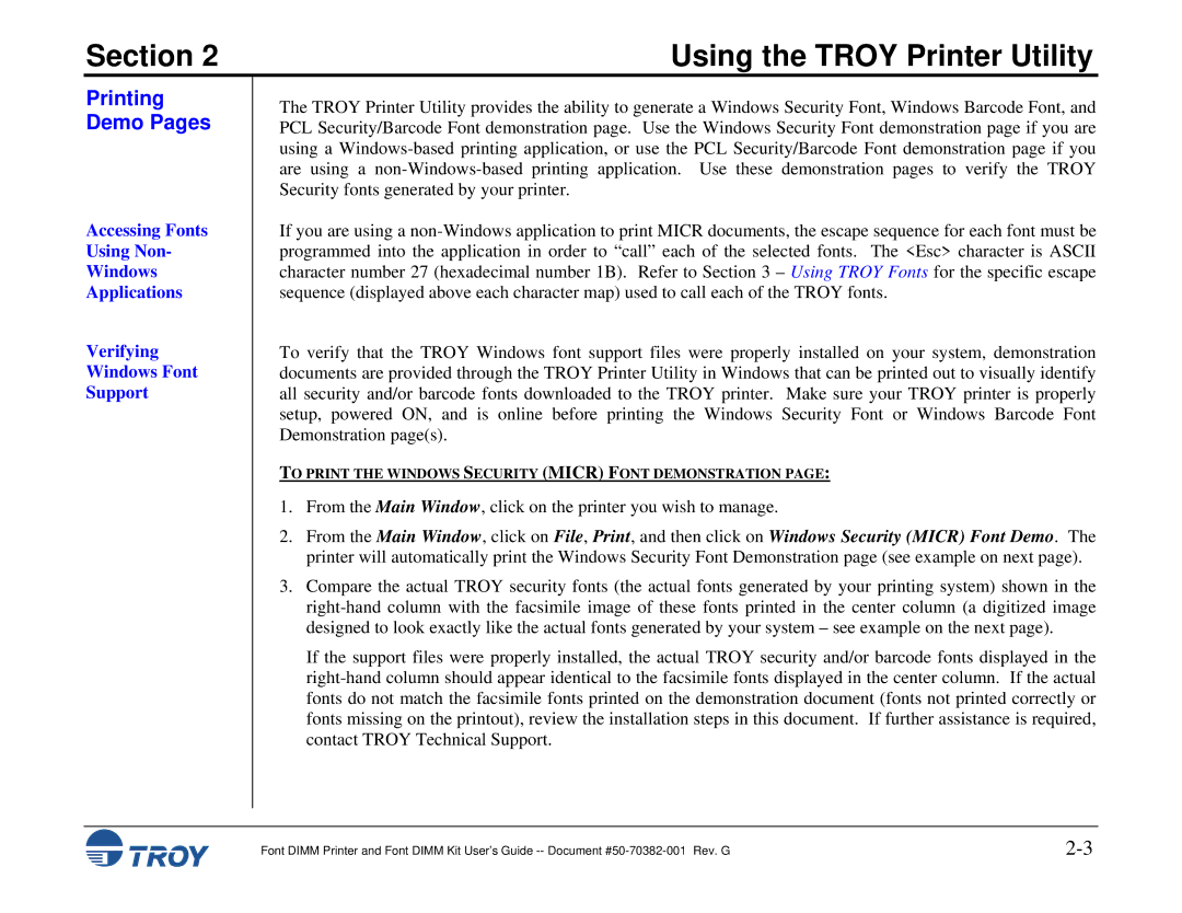 TROY Group 2300, 1320, 2100, and 9000, 8100, 1200, 1300, 2200 manual Printing Demo Pages 