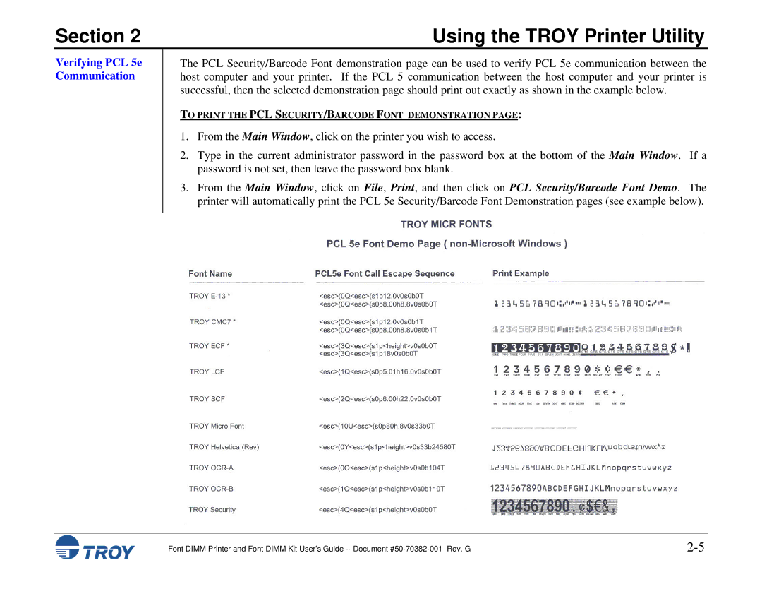 TROY Group 8100, 1320, 2100, 2300, and 9000, 1200, 1300, 2200 manual Verifying PCL 5e Communication 