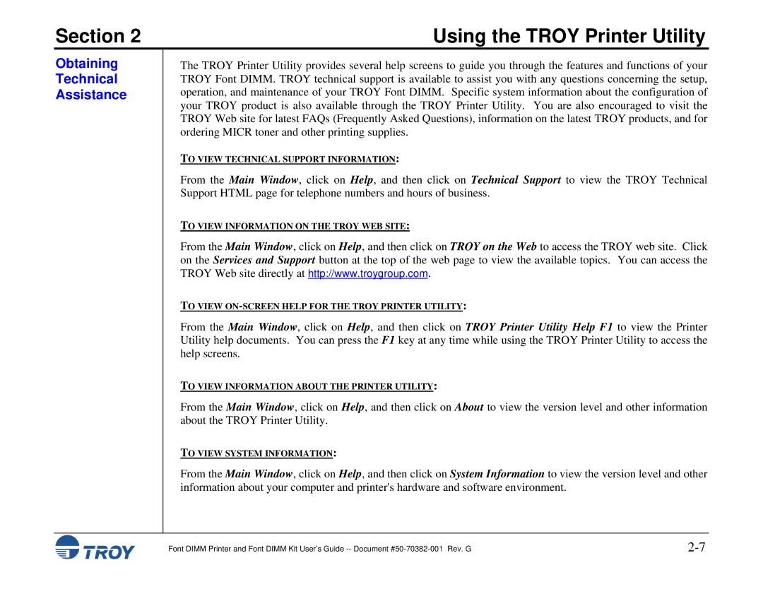 TROY Group 1300, 1320, 2100, 2300, and 9000, 8100, 1200, 2200 manual Obtaining Technical Assistance 