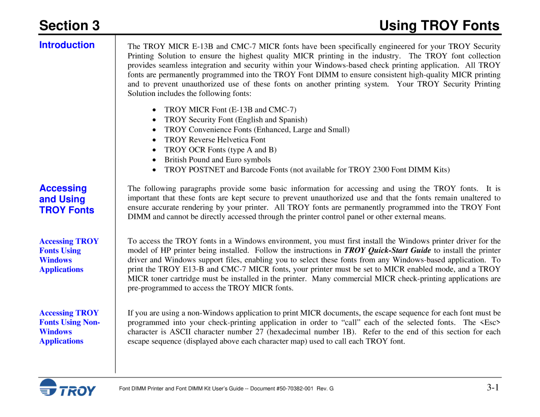 TROY Group 2200, 1320, 2100, 2300, and 9000, 8100, 1200, 1300 manual Introduction Accessing Using Troy Fonts 