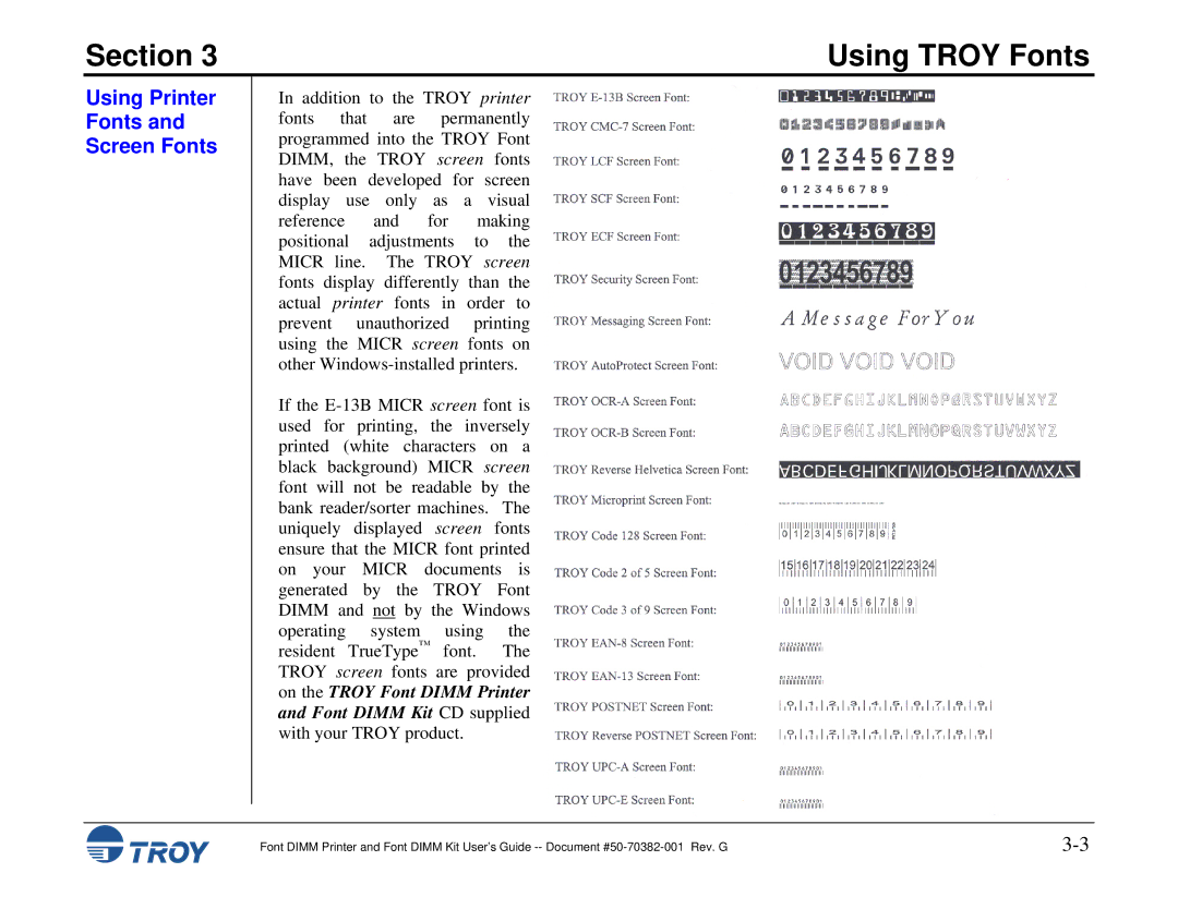 TROY Group 2100, 1320, 2300, and 9000, 8100, 1200, 1300, 2200 manual Using Printer Fonts Screen Fonts 