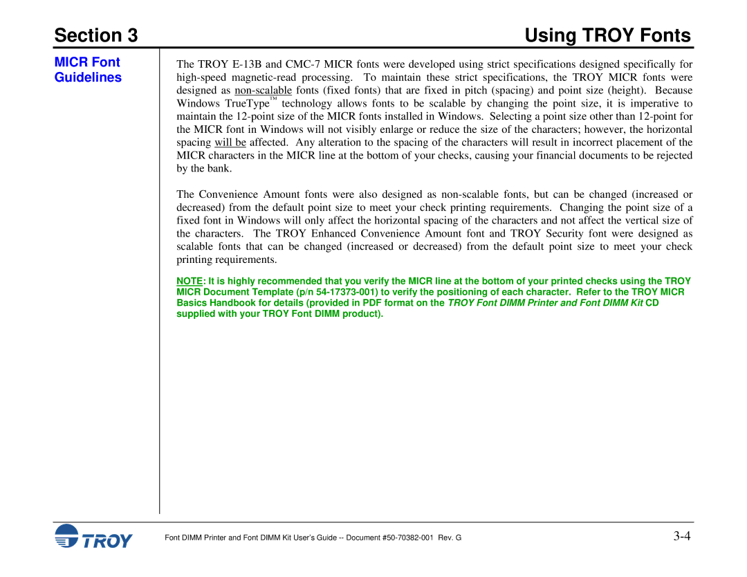 TROY Group 2300, 1320, 2100, and 9000, 8100, 1200, 1300, 2200 manual Micr Font Guidelines 