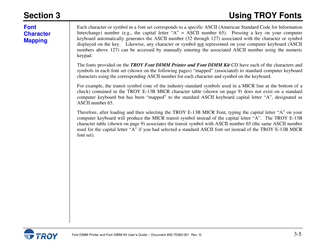 TROY Group and 9000, 1320, 2100, 2300, 8100, 1200, 1300, 2200 manual Font Character Mapping 