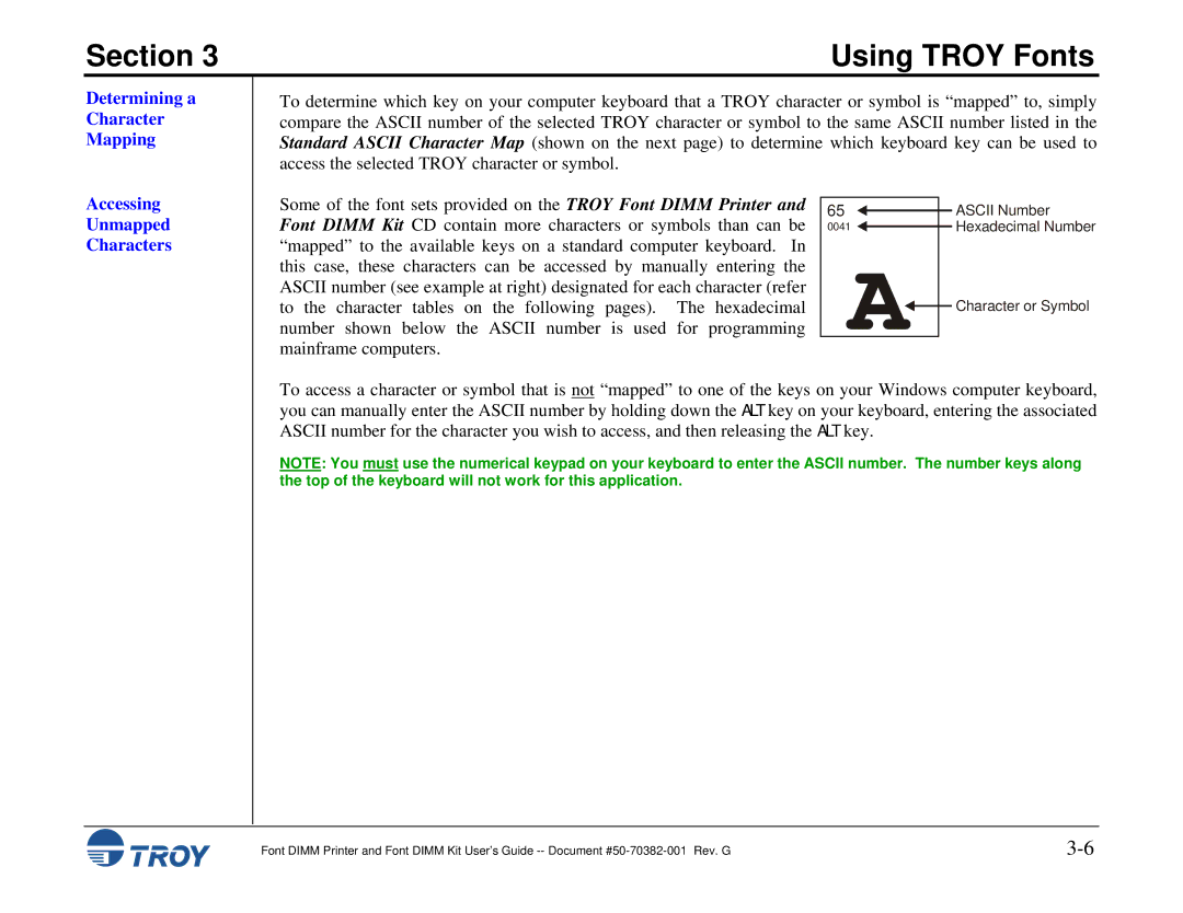 TROY Group 8100, 1320, 2100, 2300, and 9000, 1200, 1300, 2200 Determining a Character Mapping, Accessing Unmapped Characters 