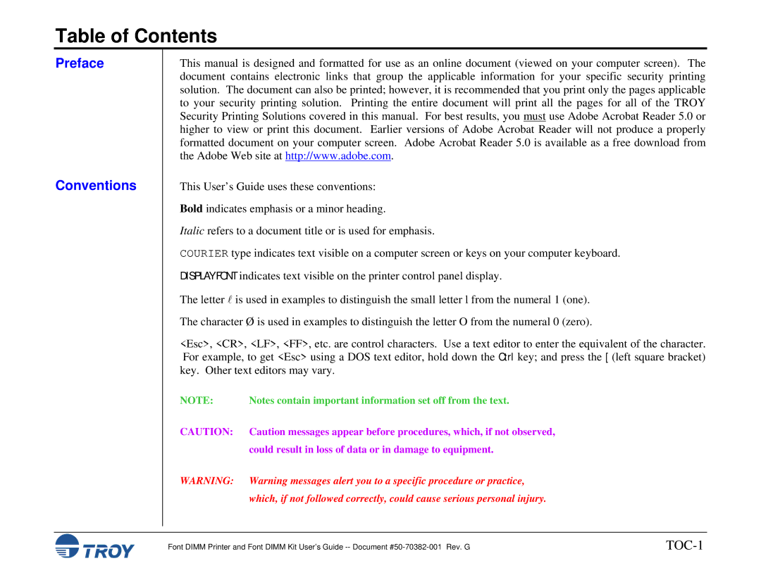 TROY Group and 9000, 1320, 2100, 2300, 8100, 1200, 1300, 2200 manual Table of Contents 