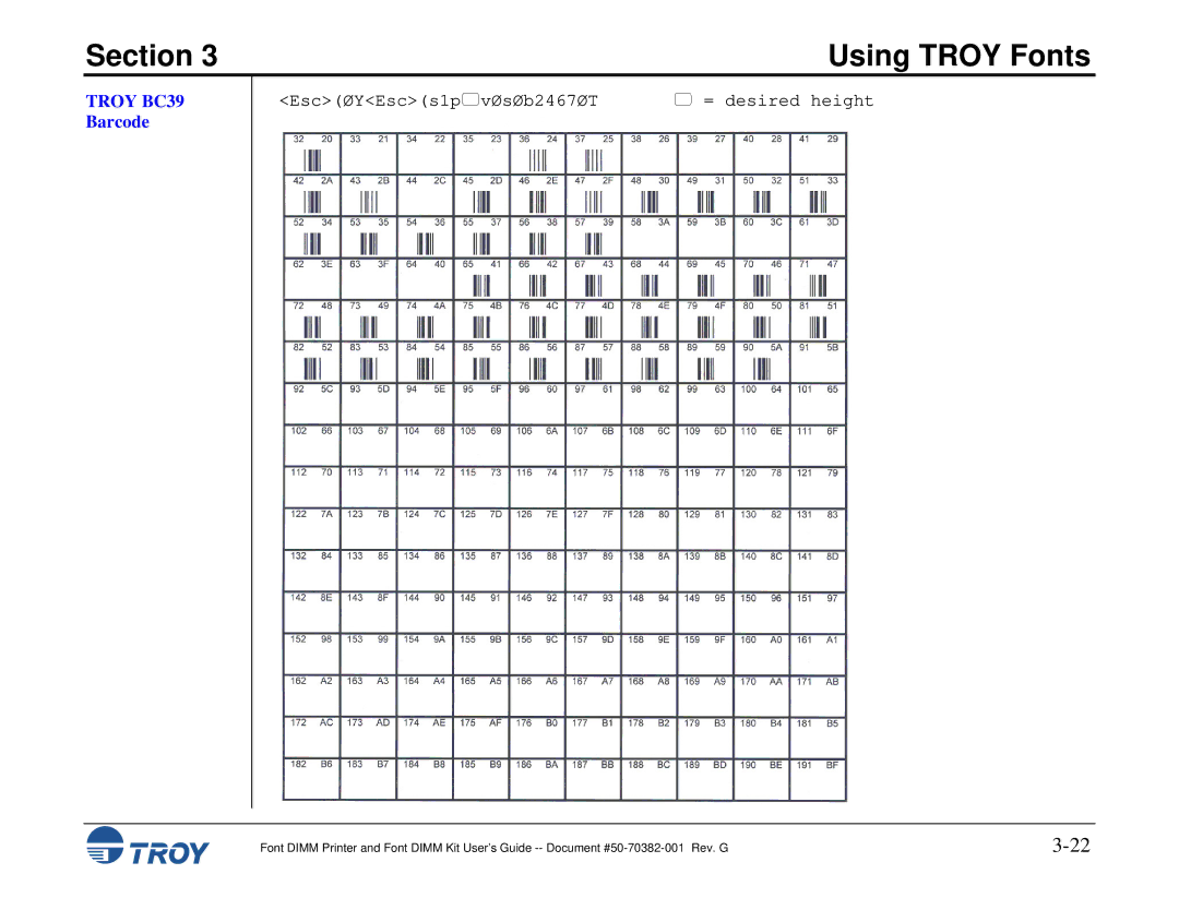 TROY Group 8100, 1320, 2100, 2300, and 9000, 1200, 1300, 2200 manual Troy BC39 Barcode, EscØYEscs1pvØsØb2467ØT 