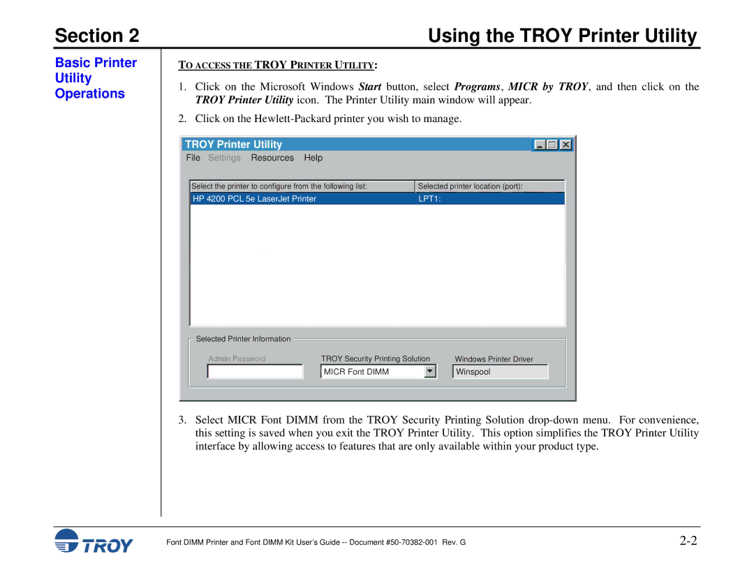 TROY Group 2100, 1320, 2300, and 9000, 8100, 1200, 1300, 2200 manual Basic Printer Utility Operations, Troy Printer Utility 