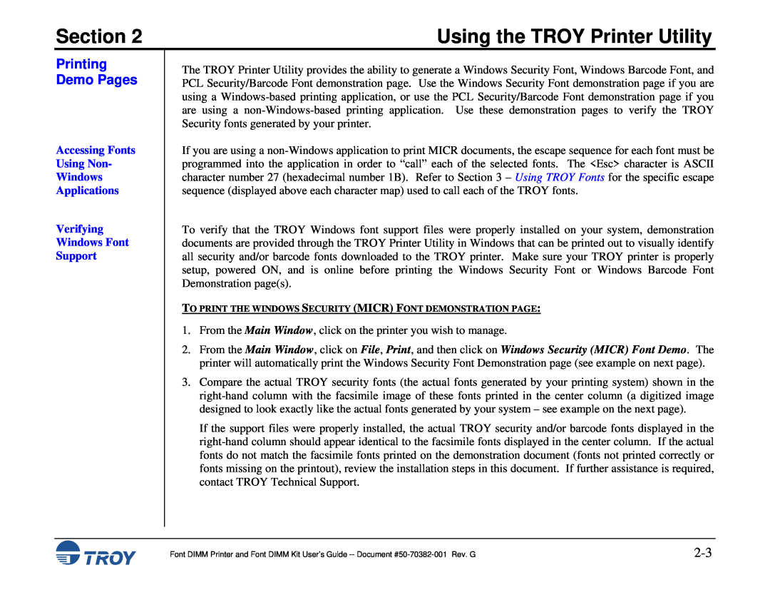 TROY Group 2300, 1320 Printing Demo Pages, Accessing Fonts Using Non Windows Applications Verifying Windows Font, Support 