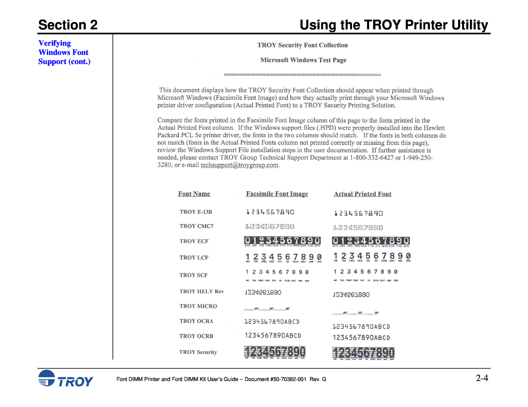 TROY Group and 9000, 1320, 2100, 2300, 8100, 1200 Verifying Windows Font Support cont, Section, Using the TROY Printer Utility 
