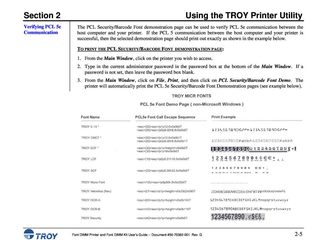 TROY Group 8100, 1320, 2100, 2300, and 9000, 1200, 1300 Verifying PCL 5e Communication, Section, Using the TROY Printer Utility 