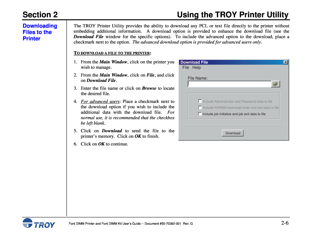 TROY Group 1200, 1320, 2100, 2300 Downloading Files to the Printer, Section, Using the TROY Printer Utility, Download File 