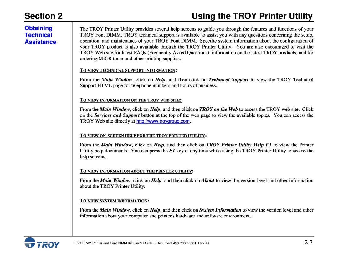 TROY Group 1300, 1320 Obtaining Technical Assistance, Section, Using the TROY Printer Utility, To View System Information 