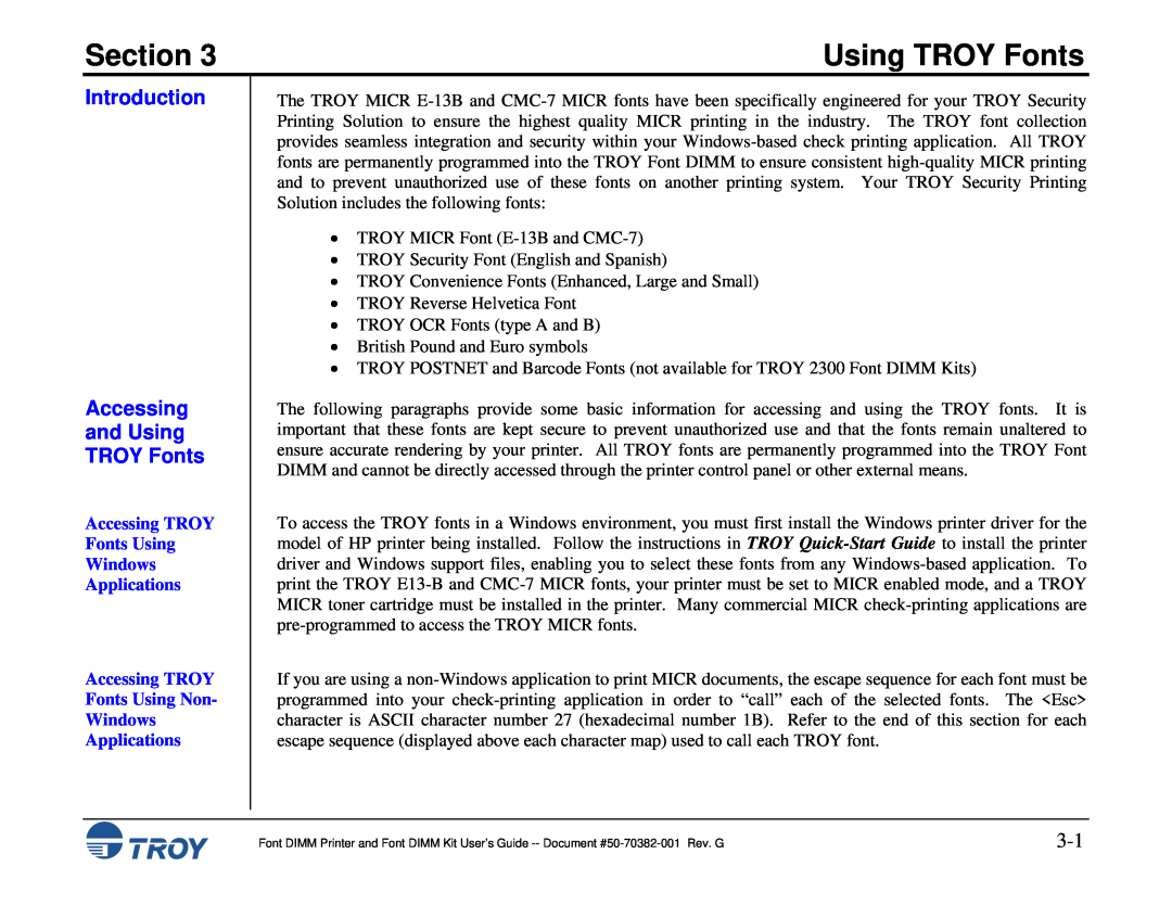 TROY Group 2200, 1320, 2100 Introduction Accessing and Using TROY Fonts, Fonts Using Non Windows Applications, Section 