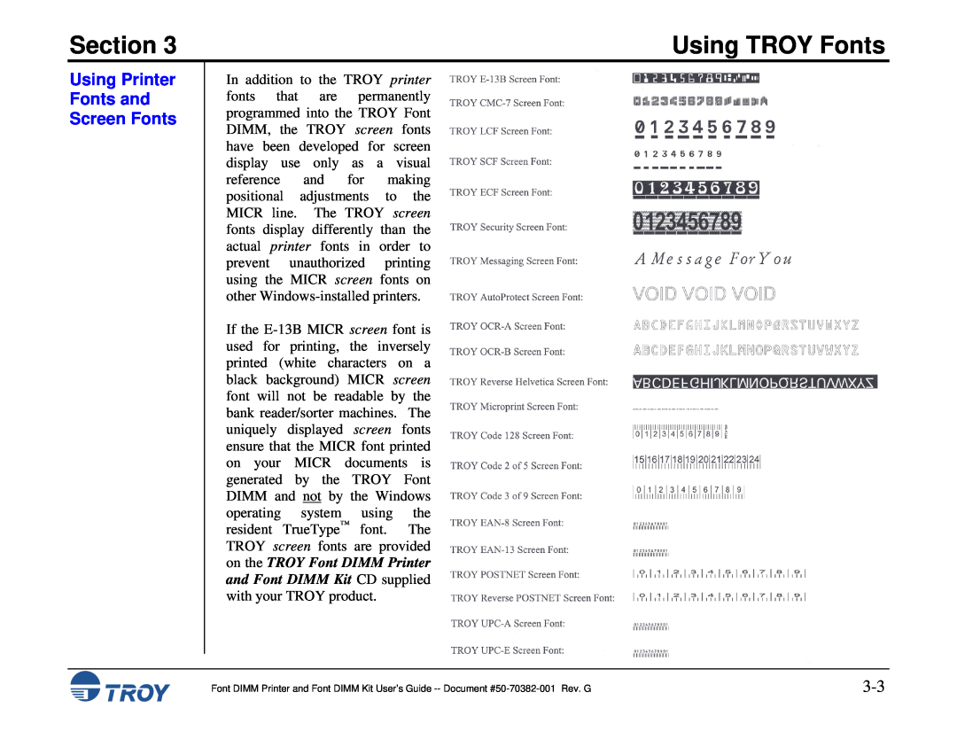 TROY Group 2100, 1320, 2300, and 9000, 8100, 1200, 1300, 2200 Using Printer Fonts and Screen Fonts, Section, Using TROY Fonts 