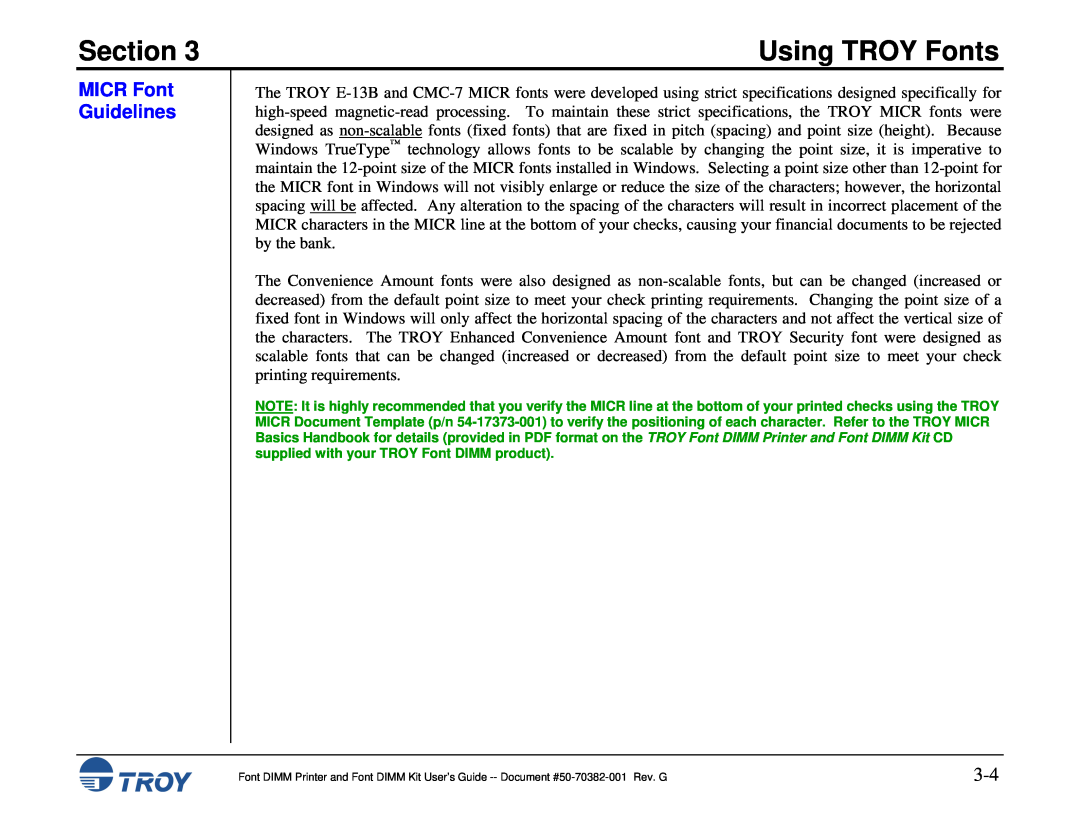TROY Group 2300, 1320, 2100, and 9000, 8100, 1200, 1300, 2200 manual MICR Font Guidelines, Section, Using TROY Fonts 