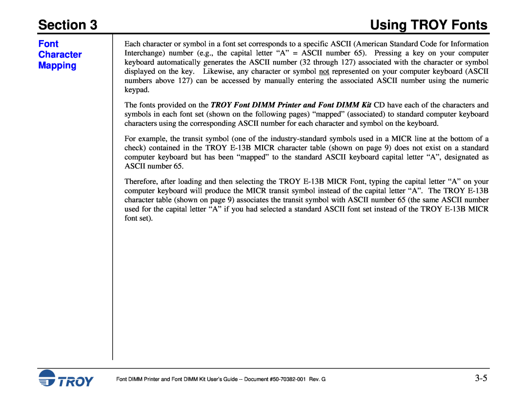 TROY Group and 9000, 1320, 2100, 2300, 8100, 1200, 1300, 2200 manual Font Character Mapping, Section, Using TROY Fonts 