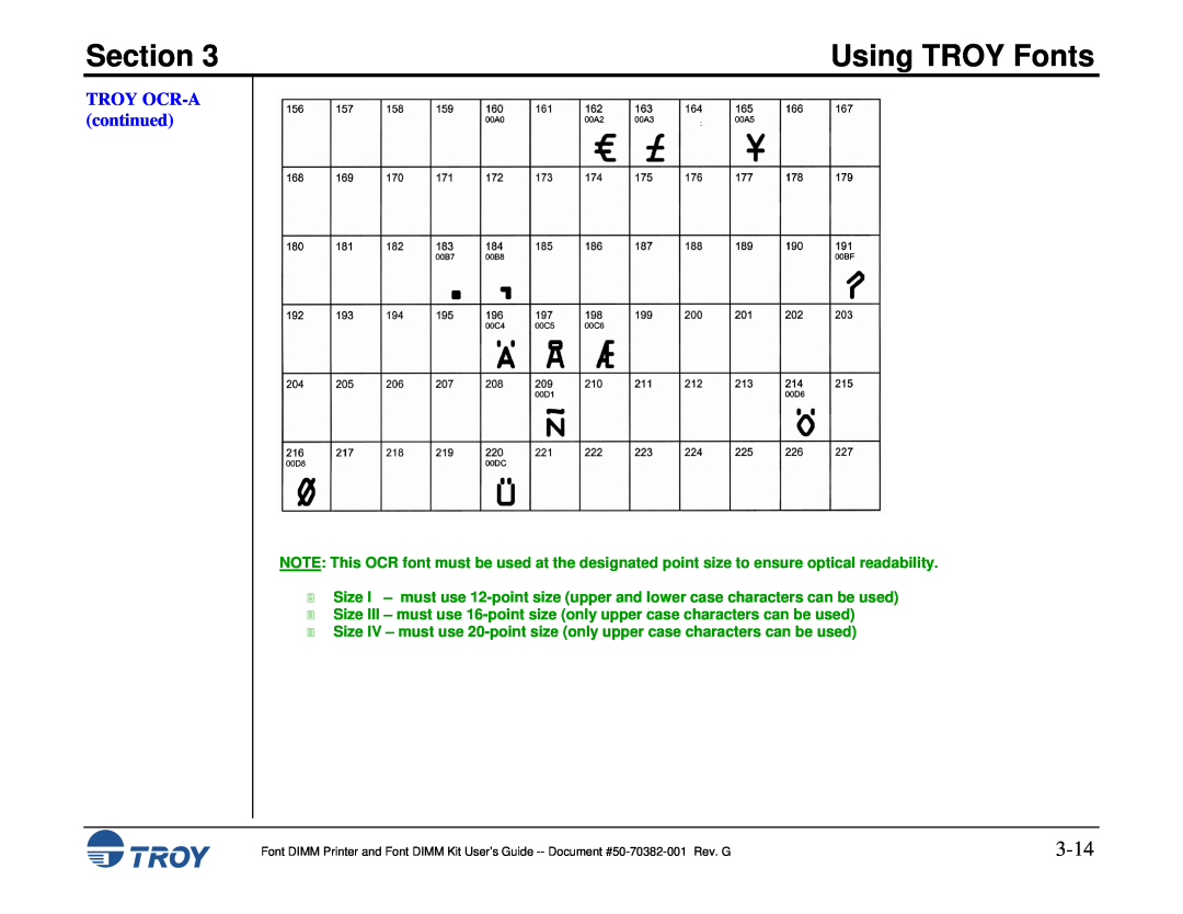 TROY Group 8100, 1320, 2100, 2300, and 9000, 1200, 1300, 2200 manual 3-14, TROY OCR-A continued, Section, Using TROY Fonts 