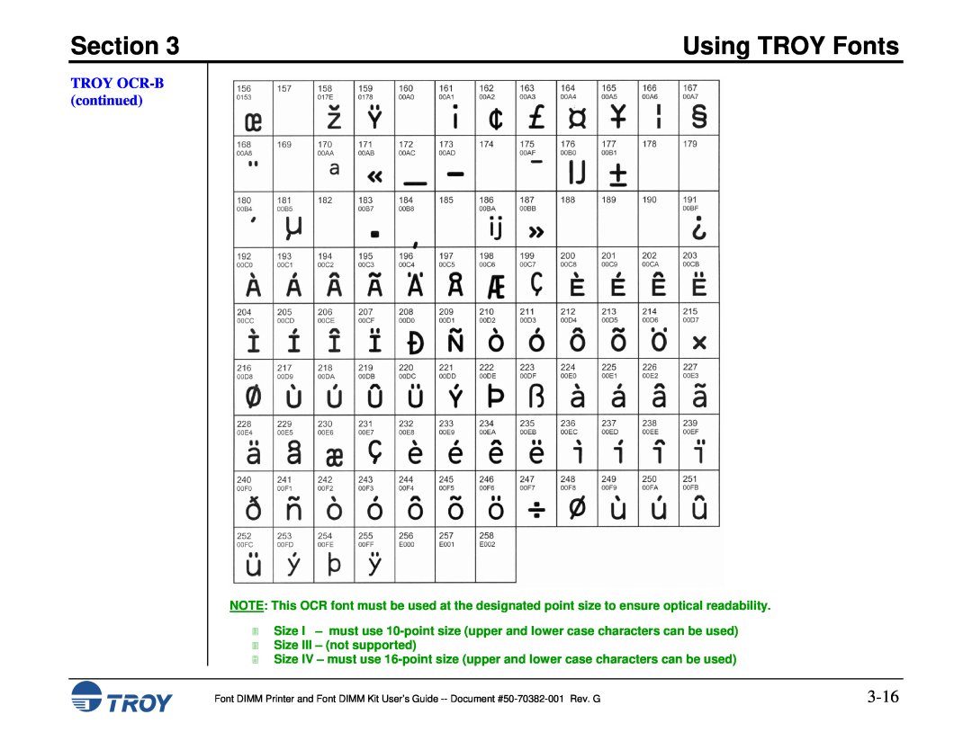TROY Group 1300, 1320, 2100, 2300, and 9000 3-16, TROY OCR-B continued, Section, Using TROY Fonts, Size III - not supported 