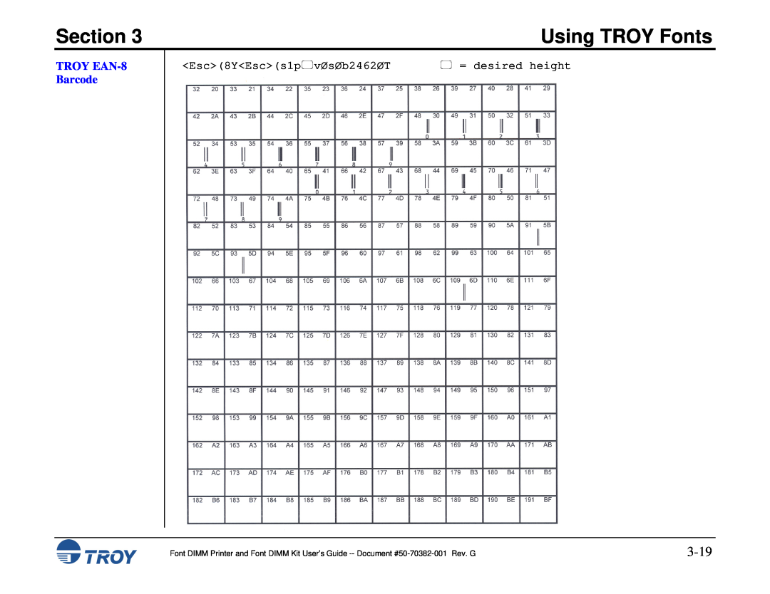 TROY Group 2100, 1320, 2300, and 9000, 8100, 1200, 1300 3-19, TROY EAN-8 Barcode, Section, Using TROY Fonts,  = desired height 