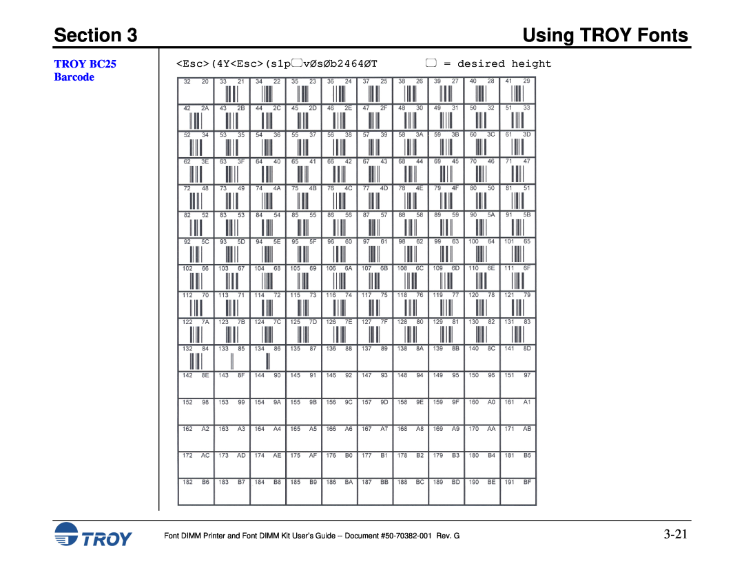 TROY Group and 9000, 1320, 2100, 2300, 8100, 1200, 1300 3-21, TROY BC25 Barcode, Section, Using TROY Fonts,  = desired height 