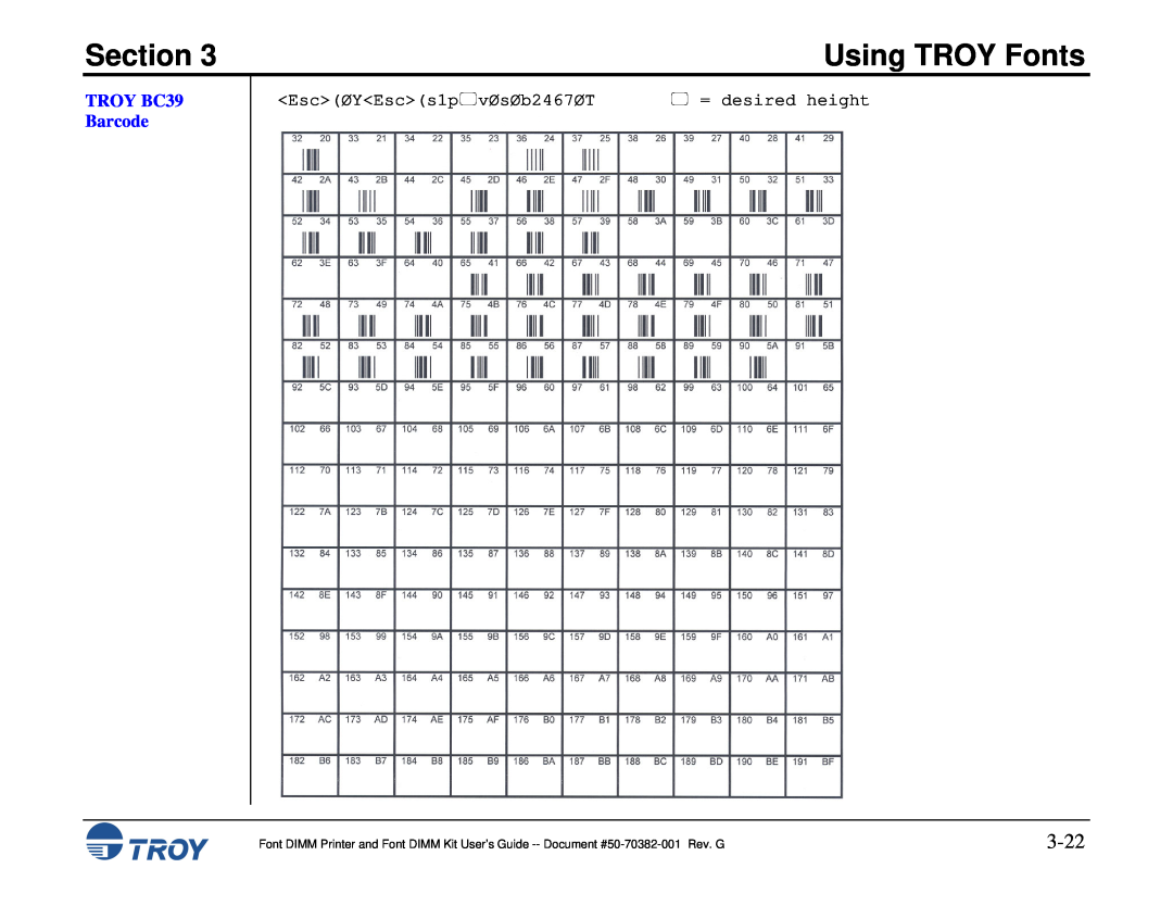 TROY Group 8100, 1320, 2100, 2300, and 9000, 1200, 1300 3-22, TROY BC39 Barcode, Section, Using TROY Fonts,  = desired height 