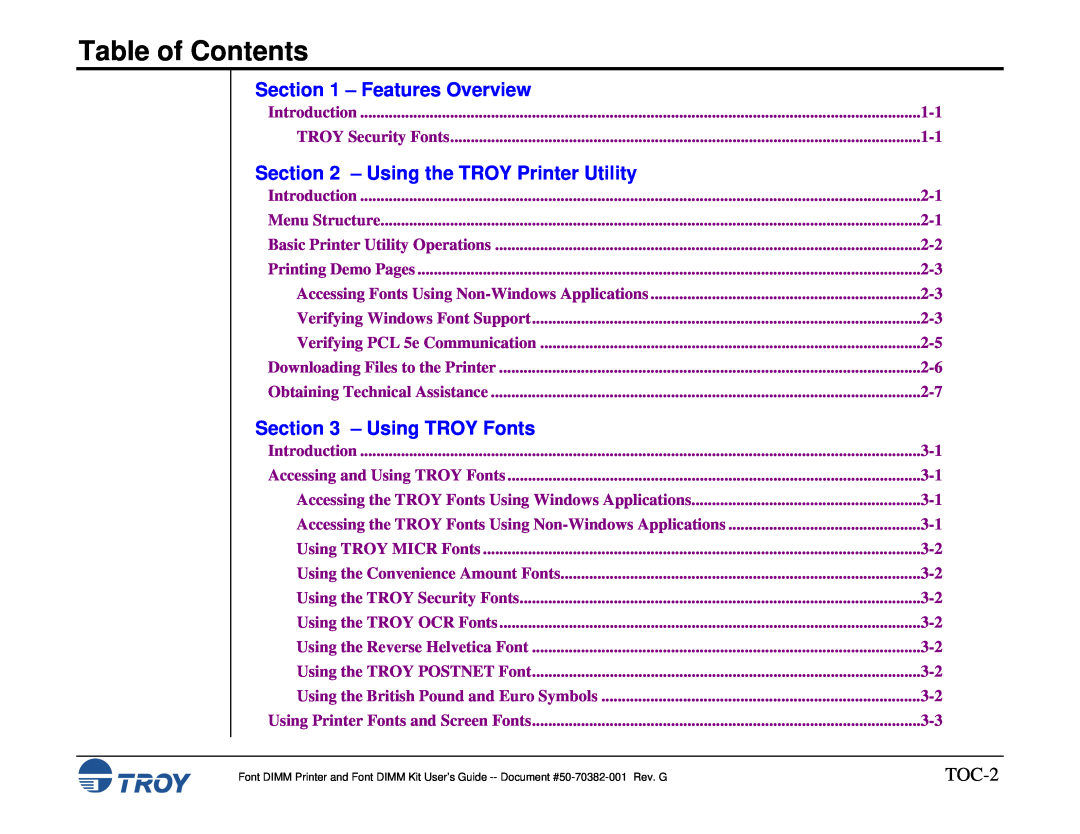 TROY Group 8100, 1320, 2100 Features Overview, Using the TROY Printer Utility, Using TROY Fonts, TOC-2, Table of Contents 
