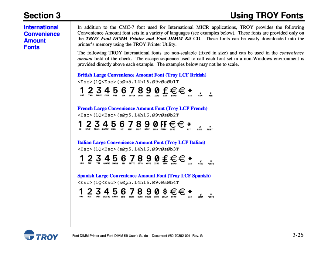 TROY Group 1320, 2100, 2300, and 9000, 8100, 1200, 1300 International Convenience Amount Fonts, 3-26, Section, Using TROY Fonts 