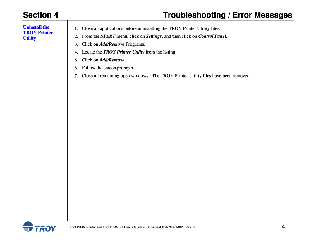 TROY Group 8100, 1320, 2100, 2300, 1200 4-11, Uninstall the TROY Printer Utility, Section, Troubleshooting / Error Messages 