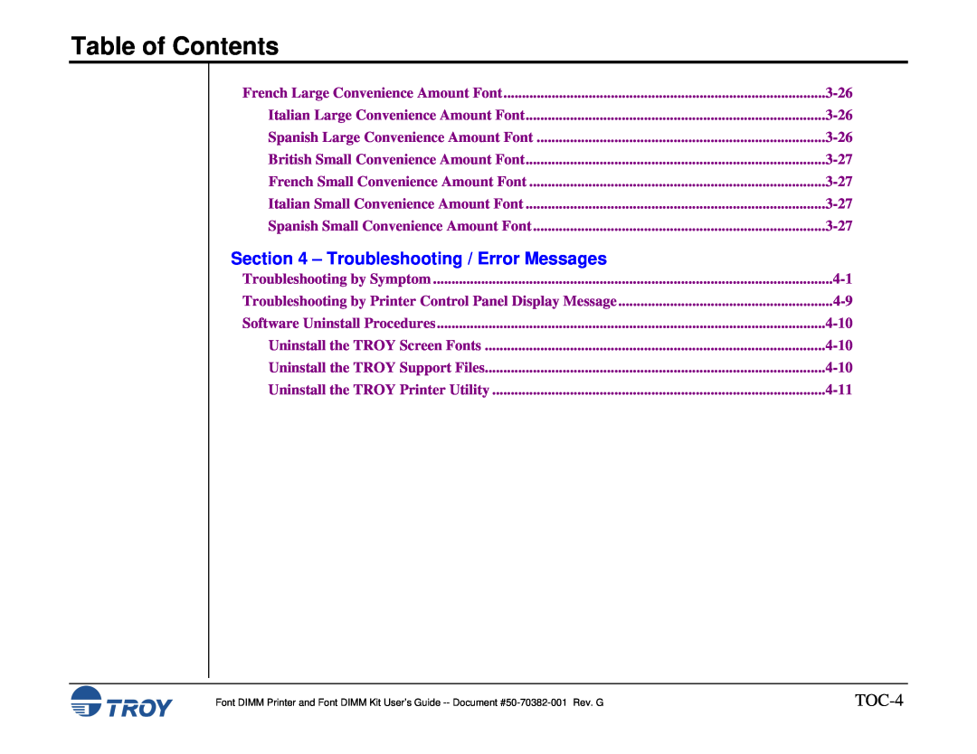 TROY Group 1300, 1320, 2100, 2300, and 9000, 8100, 1200, 2200 manual Troubleshooting / Error Messages, TOC-4, Table of Contents 