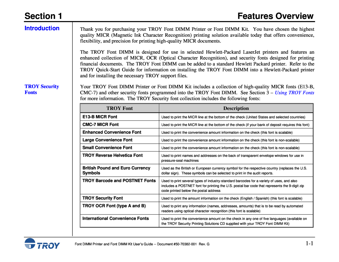 TROY Group 2200, 1320, 2100, 2300, 8100 Section, Features Overview, Introduction, TROY Security Fonts, TROY Font, Description 