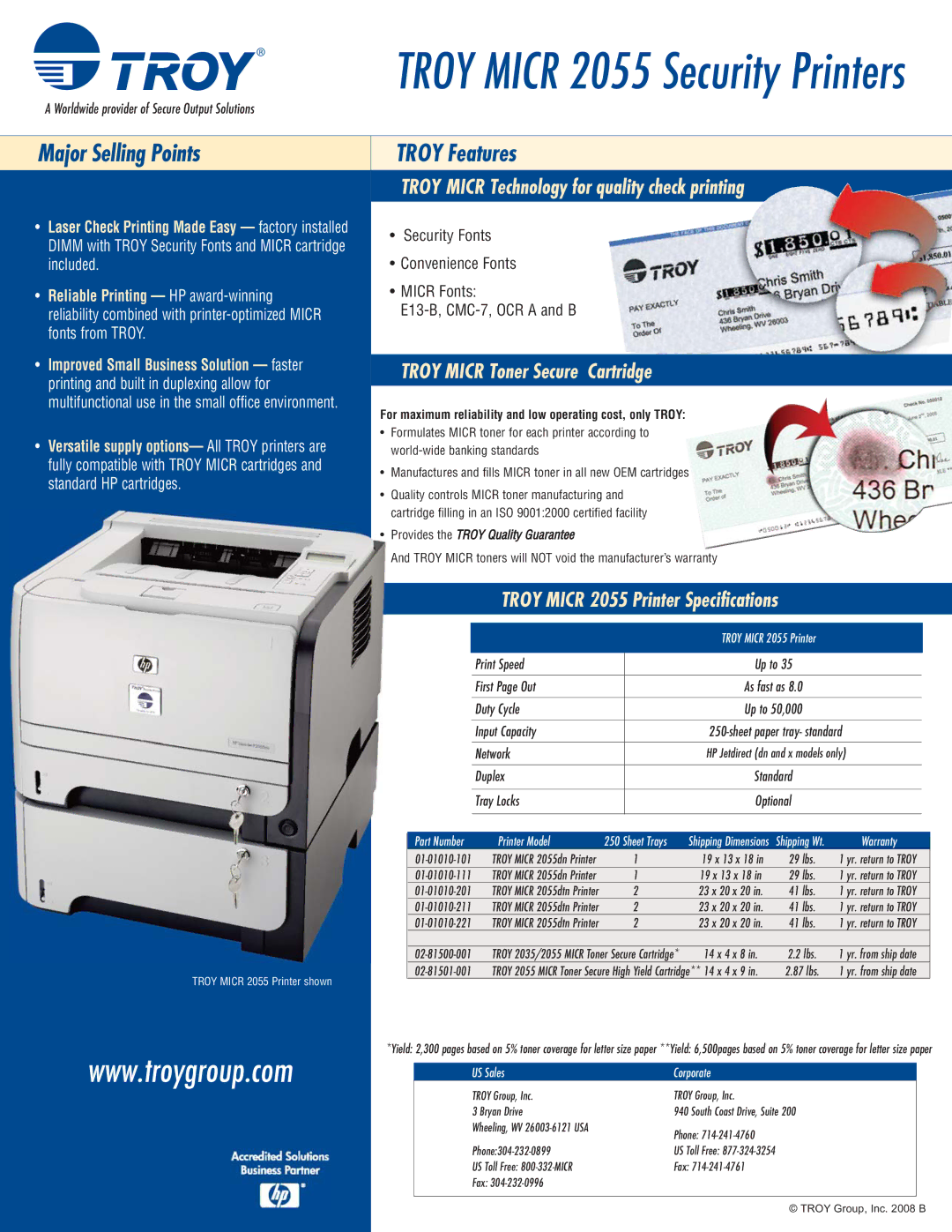 TROY Group 2055dn specifications Major Selling Points, Troy Features, Troy Micr Technology for quality check printing 