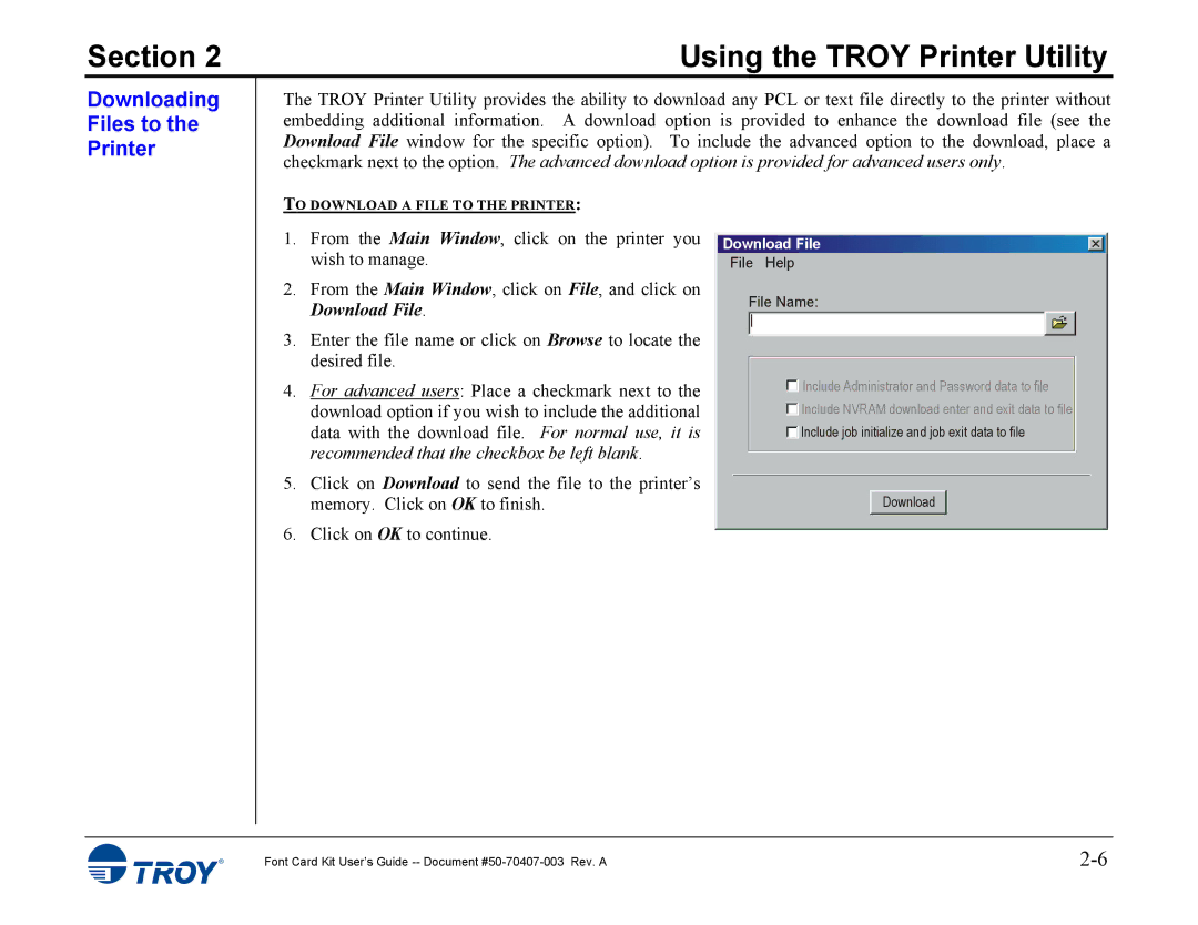 TROY Group 4014, 4515 manual Downloading Files to the Printer, Download File 