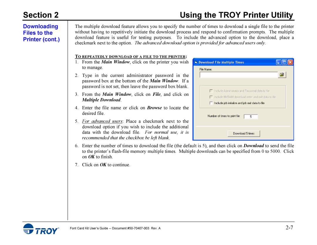 TROY Group 4515, 4014 manual To Repeatedly Download of a File to the Printer 