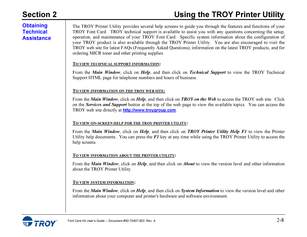 TROY Group 4014, 4515 manual Obtaining Technical Assistance 