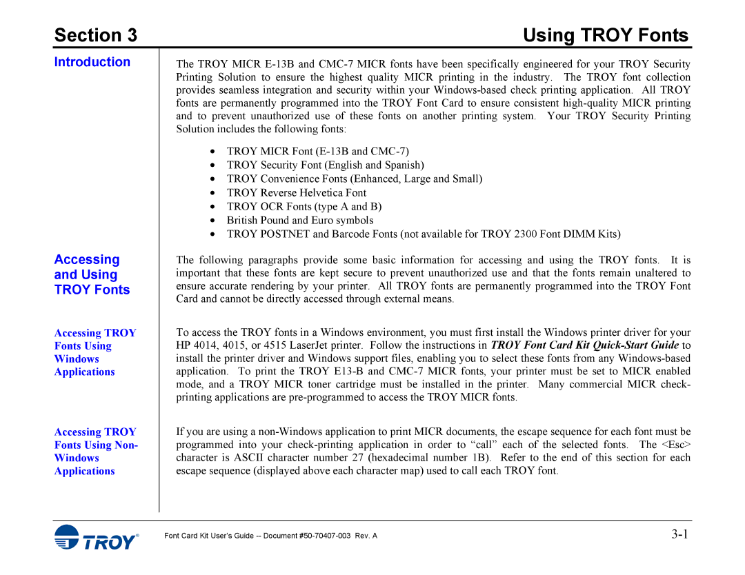 TROY Group 4515, 4014 manual Introduction Accessing Using Troy Fonts 