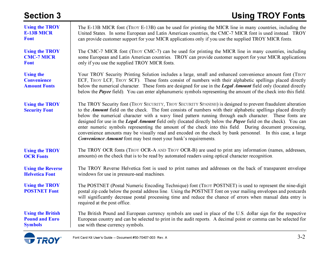 TROY Group 4014, 4515 manual Font Using the Troy 