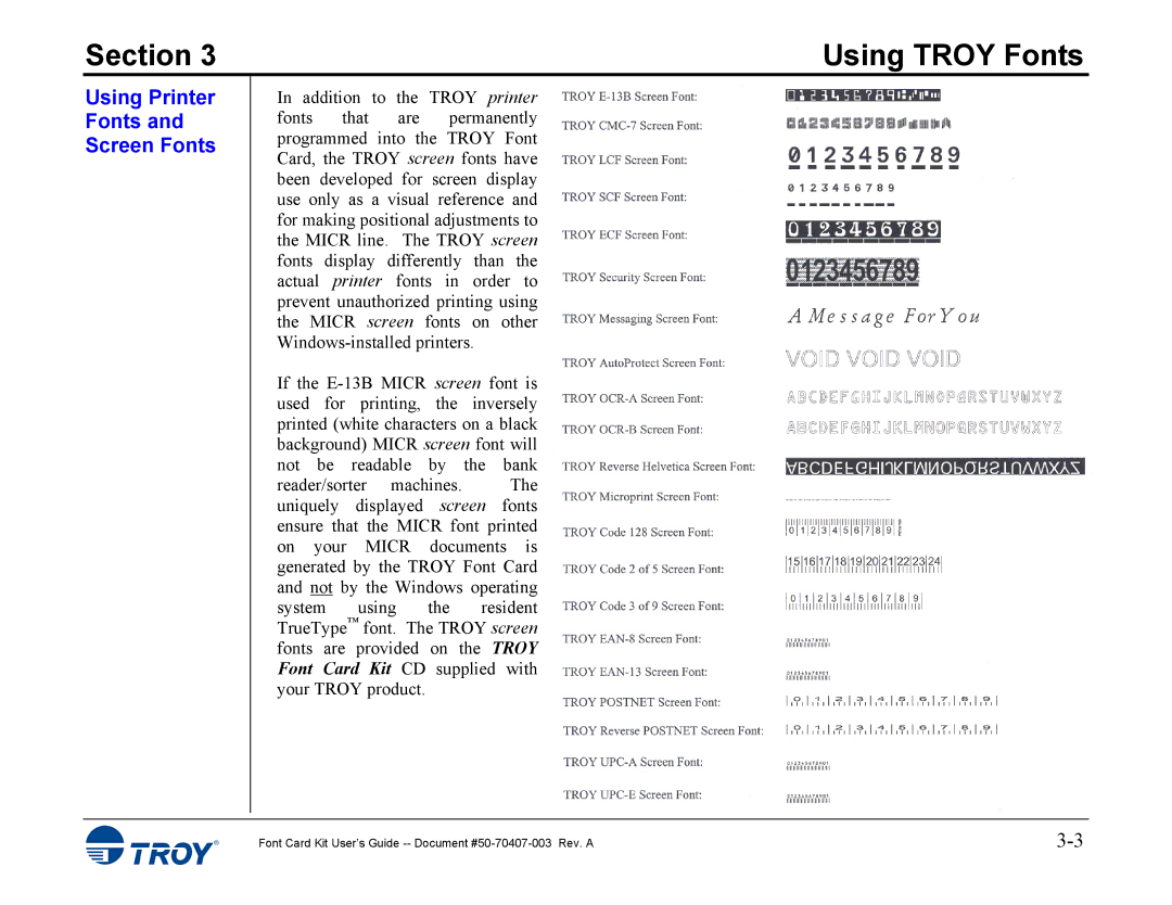 TROY Group 4515, 4014 manual Using Printer Fonts Screen Fonts 