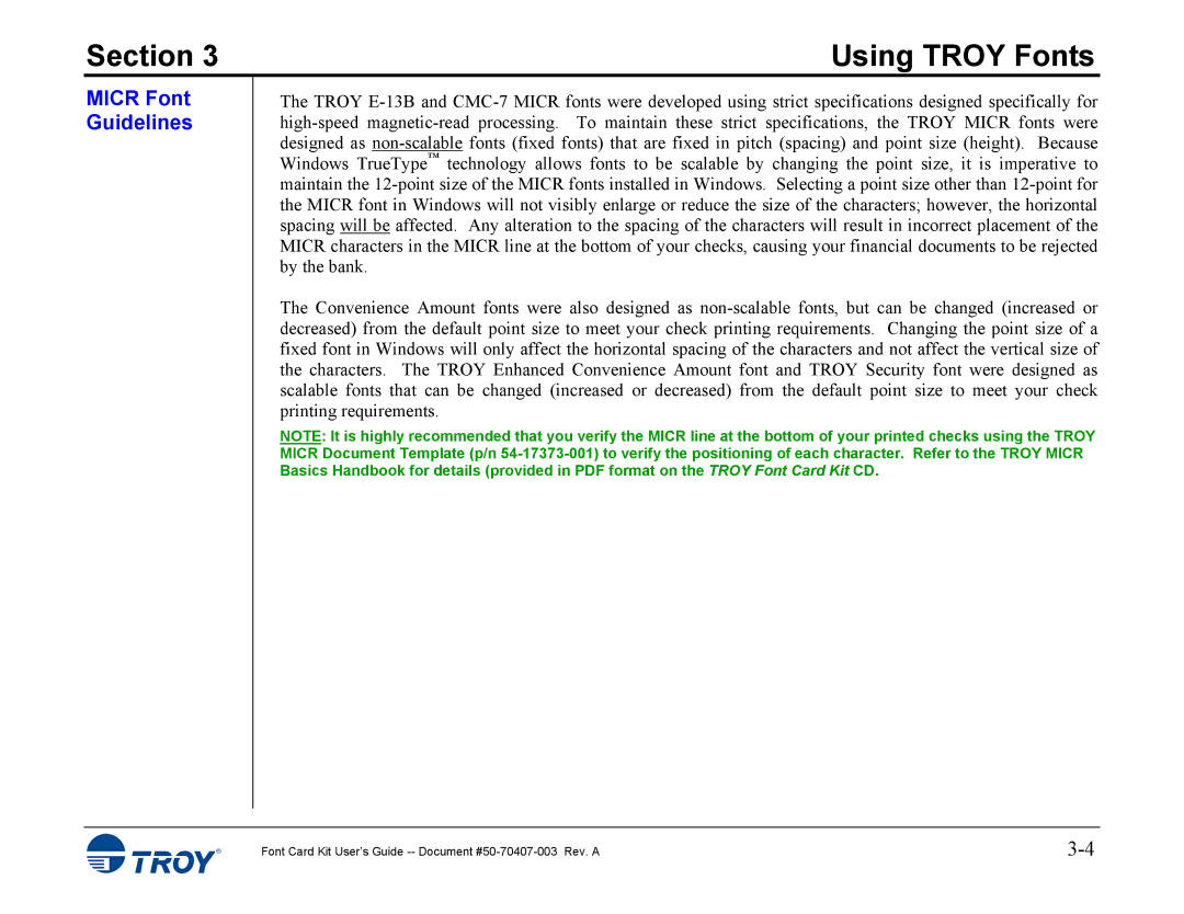 TROY Group 4014, 4515 manual Micr Font Guidelines 