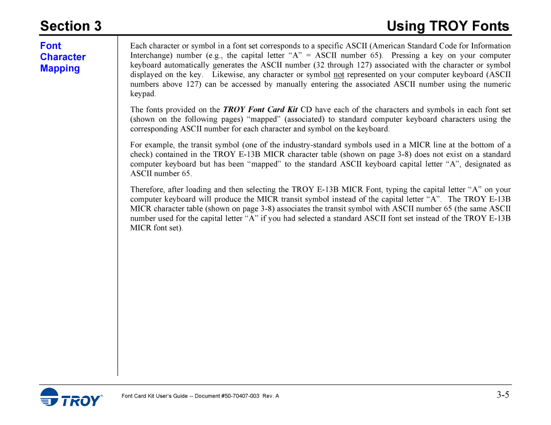 TROY Group 4515, 4014 manual Font Character Mapping 