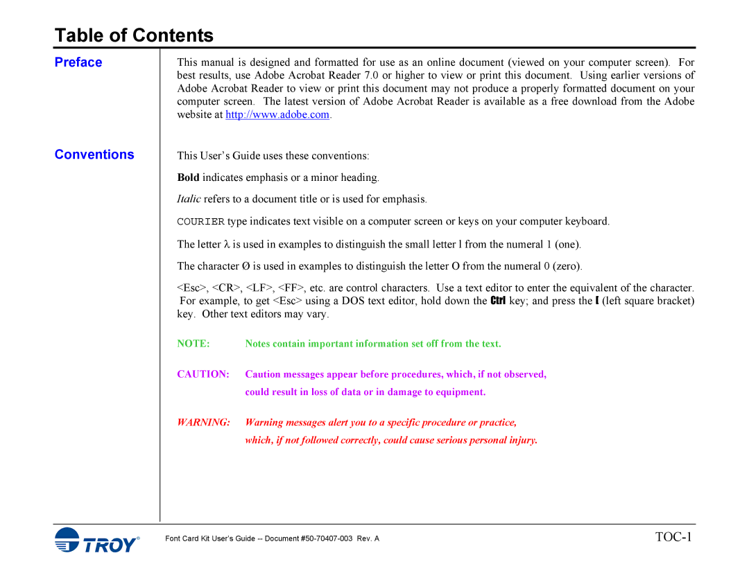 TROY Group 4014, 4515 manual Table of Contents 