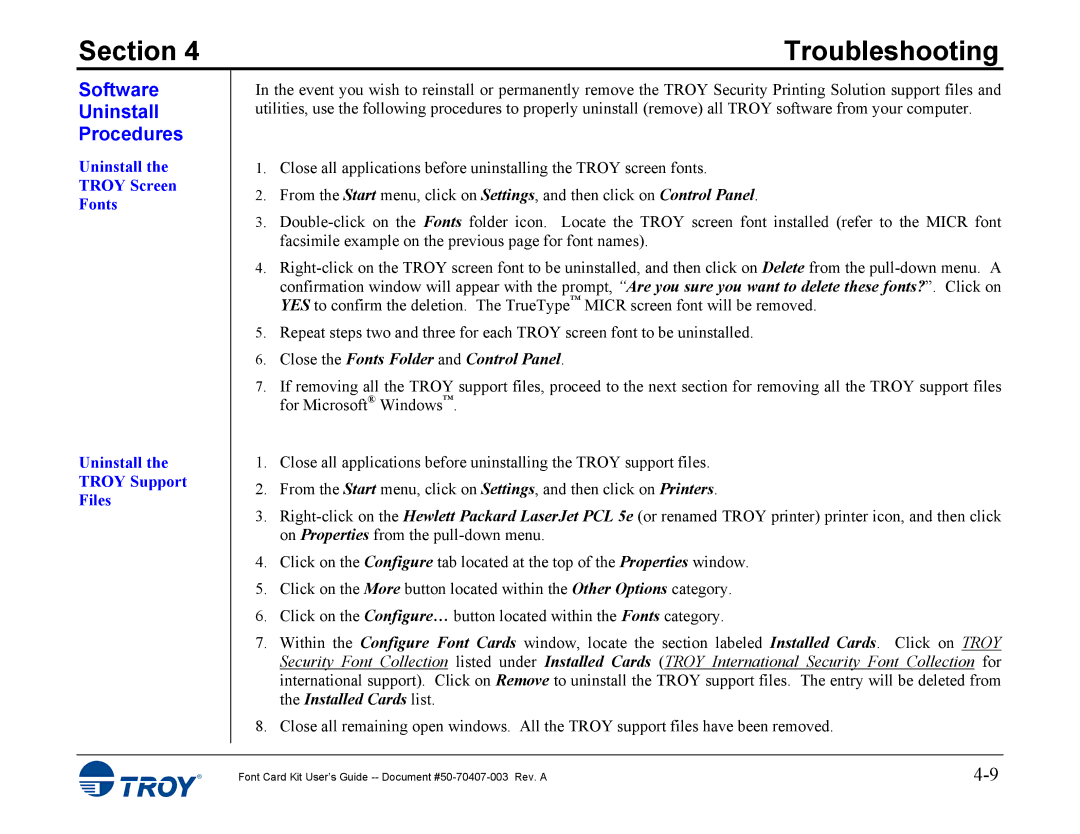 TROY Group 4515, 4014 manual Software Uninstall Procedures, Uninstall Troy Screen Fonts Troy Support Files 