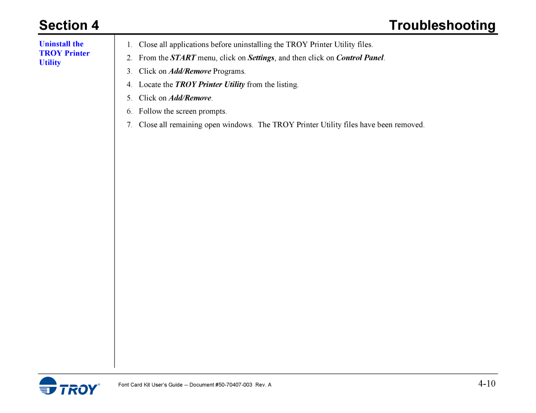 TROY Group 4014, 4515 manual Uninstall Troy Printer Utility 