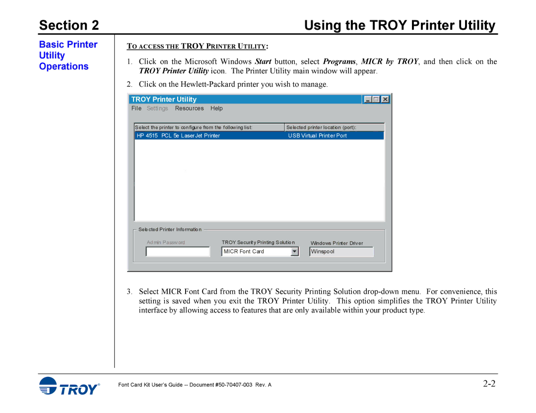 TROY Group 4014, 4515 manual Basic Printer Utility Operations, Troy Printer Utility 